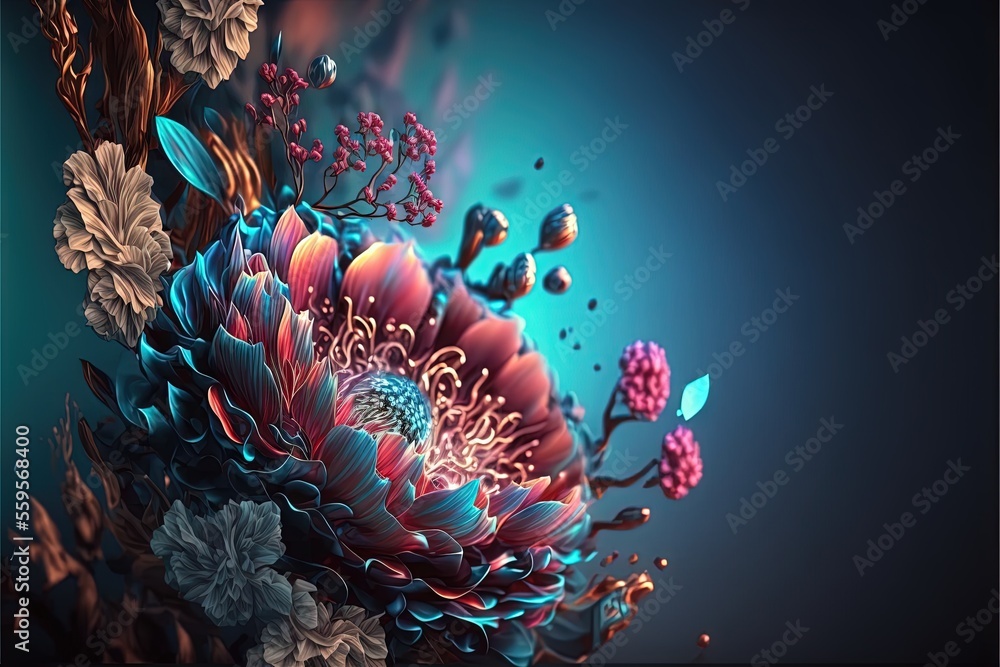 Poster a bunch of flowers that are on a blue background with a black border around them and a blue backgrou