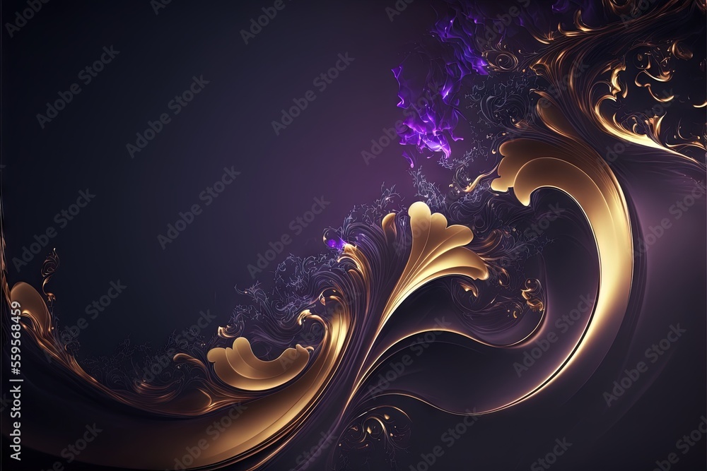 Poster a purple and gold abstract background with a black background and a purple and gold swirl pattern on