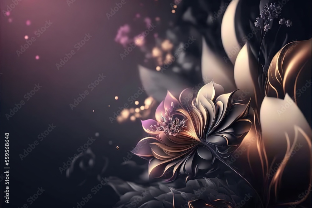 Aufkleber a painting of a flower on a black background with a pink and gold design on the bottom of the image 