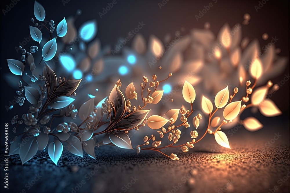 Poster a bunch of leaves that are on a table with a light on it and a black background with a blue light be