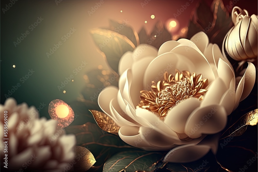Poster a white flower with gold leaves on a dark background with a light reflection in the middle of the im