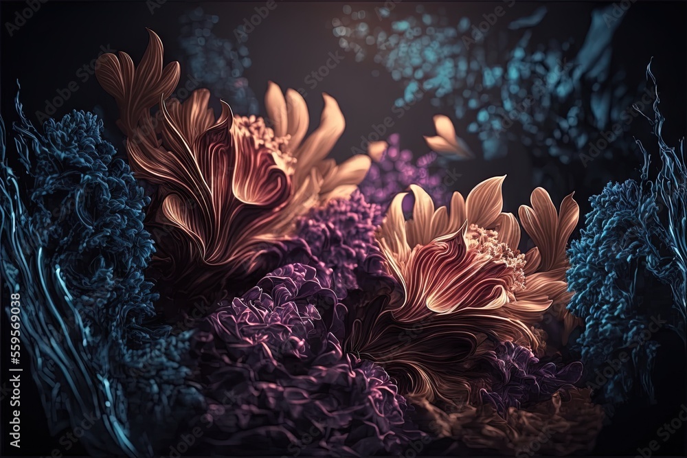 Poster a bunch of flowers that are in the grass together on a dark background with a blue border around the