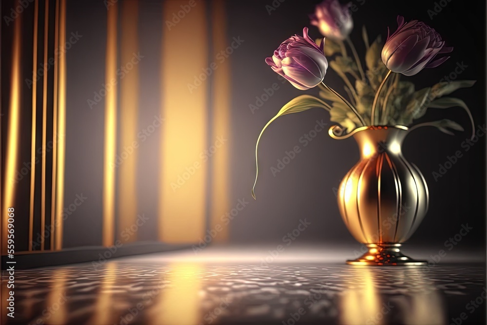 Poster a vase with flowers in it sitting on a table next to a curtained window with a gold stripe on it and