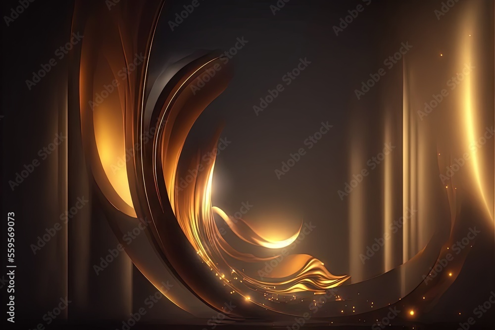 Poster a dark background with a gold swirl and a light shining down on it, with a black background and a go