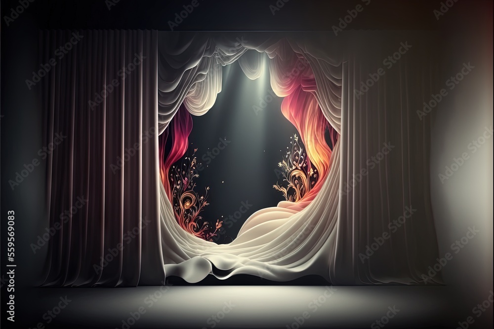 Poster a stage with a curtain and a stage light in the middle of it with a curtain open to reveal a stage w