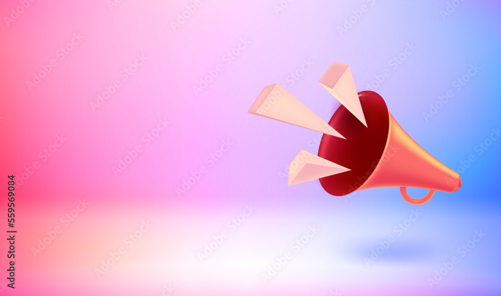 Poster Announcement concept with loud speaker. Vector 3d banner with doodling
