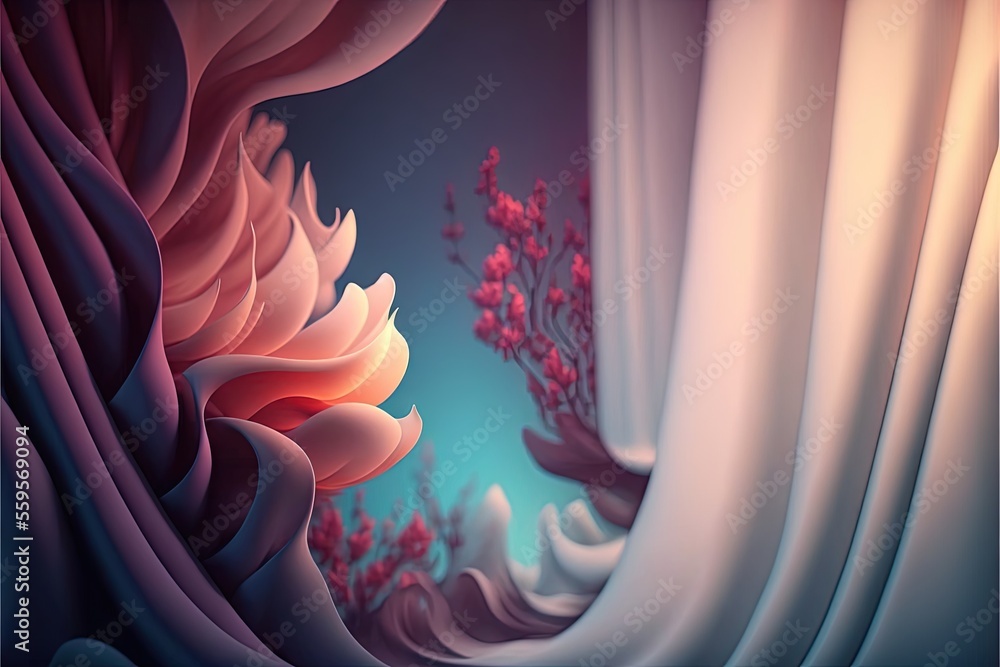 Poster a painting of a flower in a window with curtains open and a blue sky in the background with a pink f