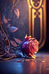  a rose is sitting on the floor next to a wall with a gold frame and a door in the background with a gold frame and blue background with a gold border and red rose on. Generative AI