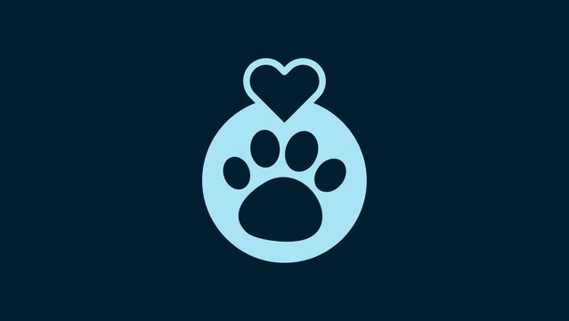 White Heart with animals footprint icon isolated on blue background. Pet paw in heart. Love to the animals. 4K Video motion graphic animation