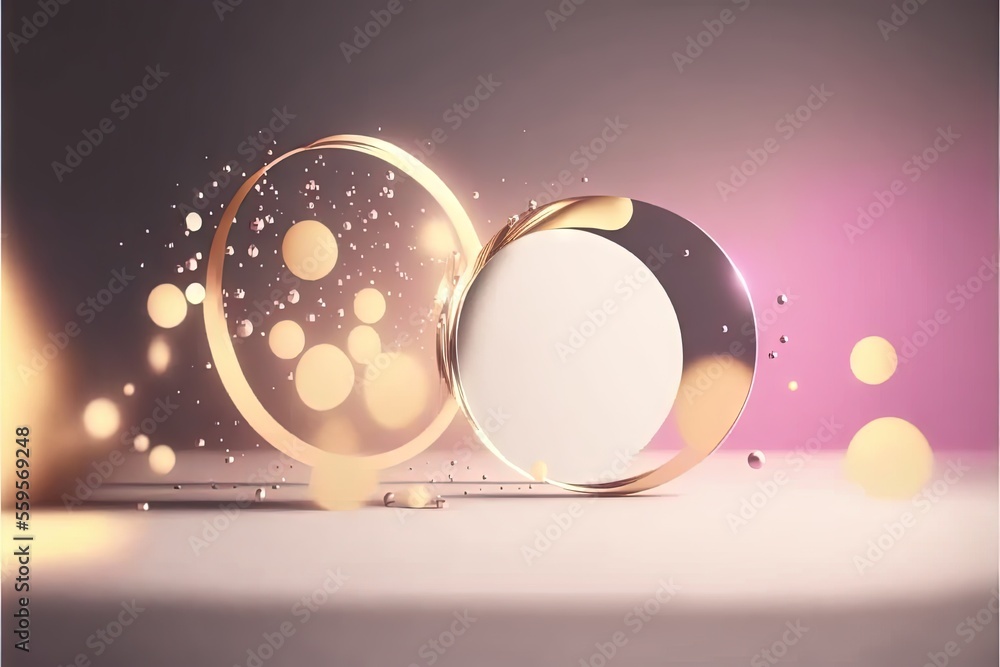 Poster a white and gold object with a pink background and some gold circles around it and a white circle wi