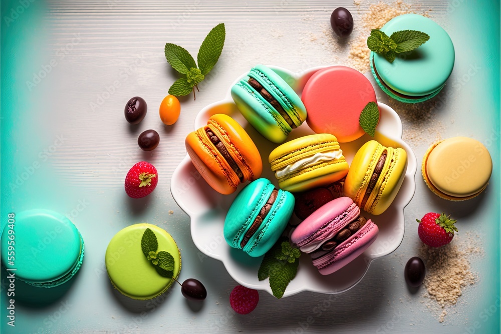 Poster a plate of colorful macaroons and other pastries on a table with mint leaves and berries on the side