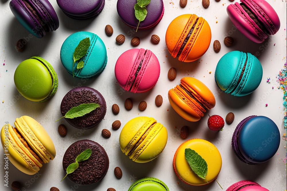 Poster a table topped with lots of colorful macaroons and cookies next to coffee beans and a leaf on top of