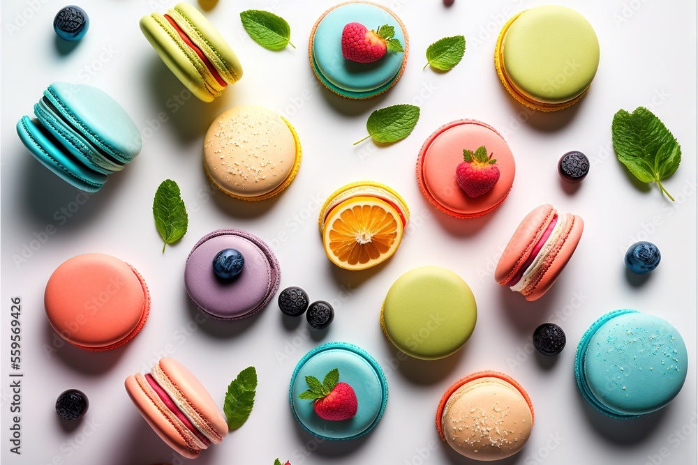 Poster a white table topped with lots of different colored macaroons and pastries with leaves on top of the