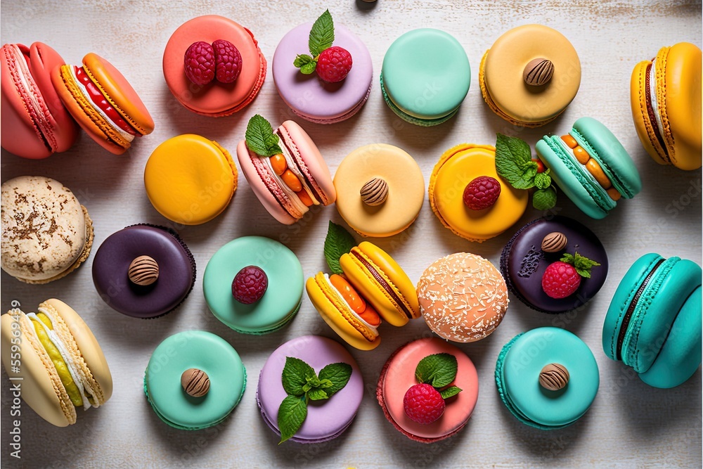 Poster a table topped with lots of different colored macaroons and donuts on top of each other and a strawb