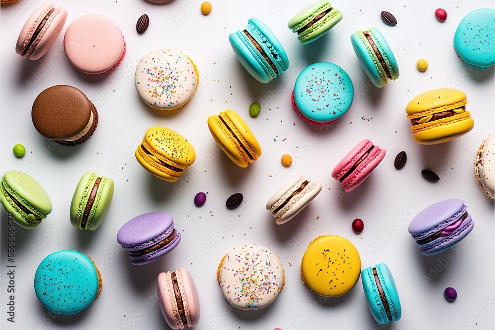 Poster a table topped with lots of different colored macaroons and cookies on top of each other and sprinkl