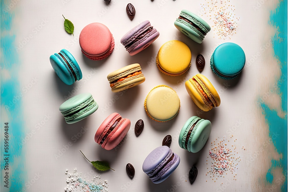 Poster a bunch of different colored macaroons on a table with sprinkles and leaves on it and a blue backgro