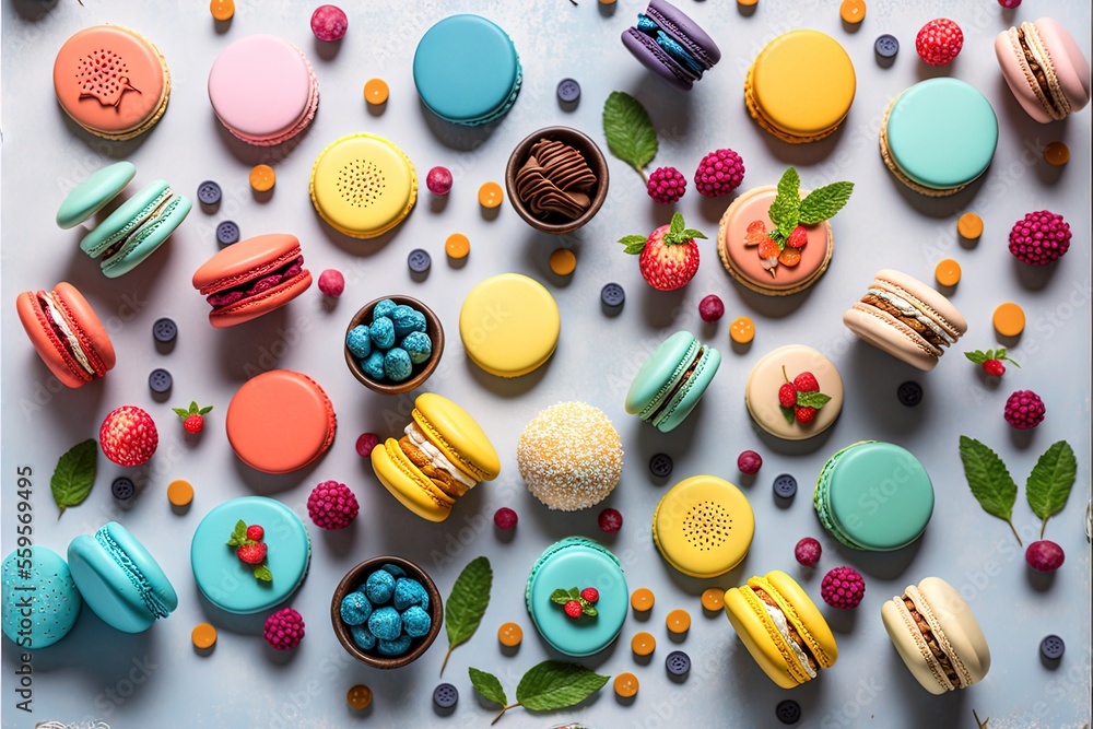 Poster a table topped with lots of different types of macaroons and cakes on top of each other and a blue p
