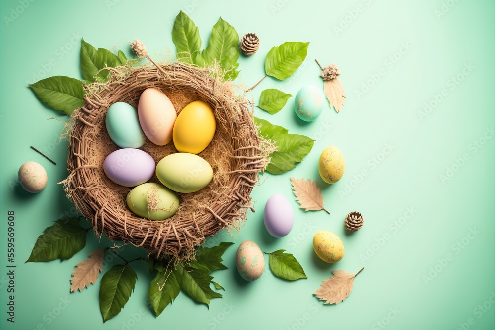 Poster a nest with eggs and leaves on a blue background with pine cones and cones on the side of the nest i