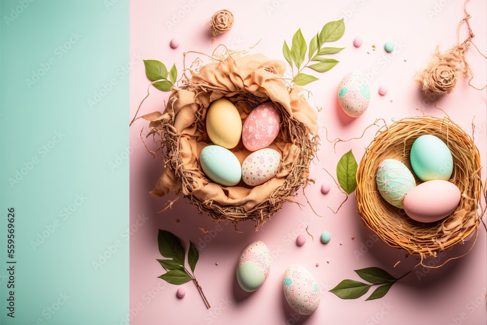 Aufkleber a pink table with a nest of eggs and leaves on it and a blue and pink background with eggs in it and