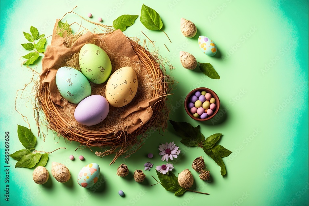 Poster a bird's nest with eggs and flowers on a green background with leaves and eggs on the ground and a f
