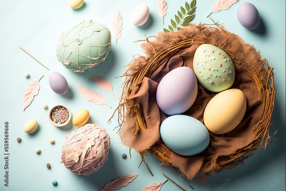 Poster a bird's nest with eggs and feathers on a blue background with leaves and feathers around it, with a