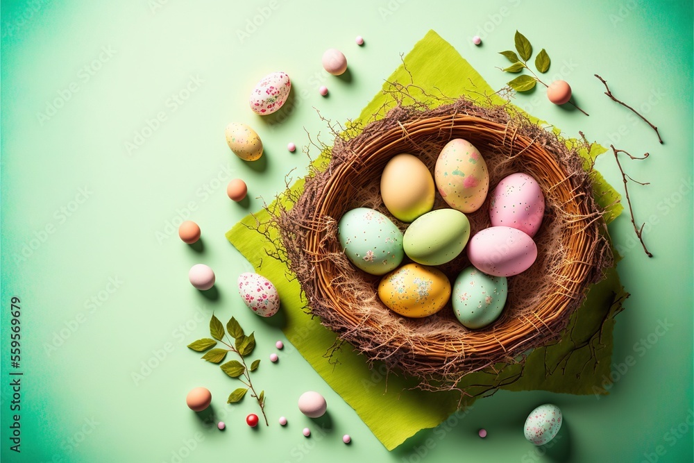 Poster a nest of eggs with leaves and speckled eggs on a green napkin on a green background with leaves and