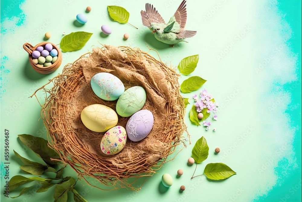 Poster a bird nest with eggs and leaves on a blue background with a bird flying over it and a bird's nest w