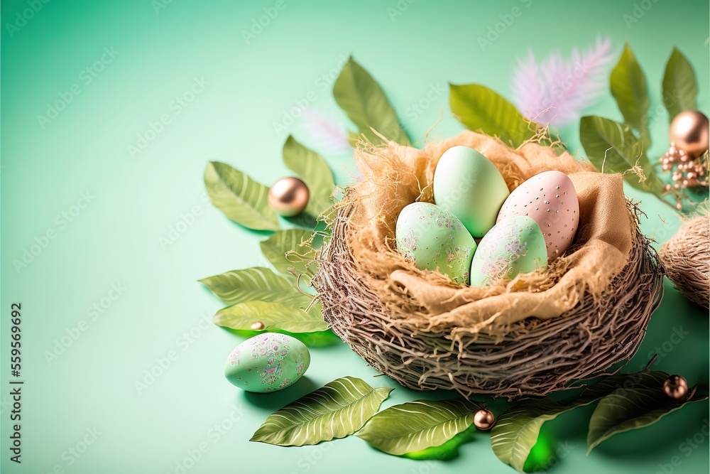 Poster a bird nest with eggs and feathers on a green background with leaves and ornaments around it, with a