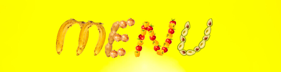 A word menu of fruits and vegetables on the yellow background.