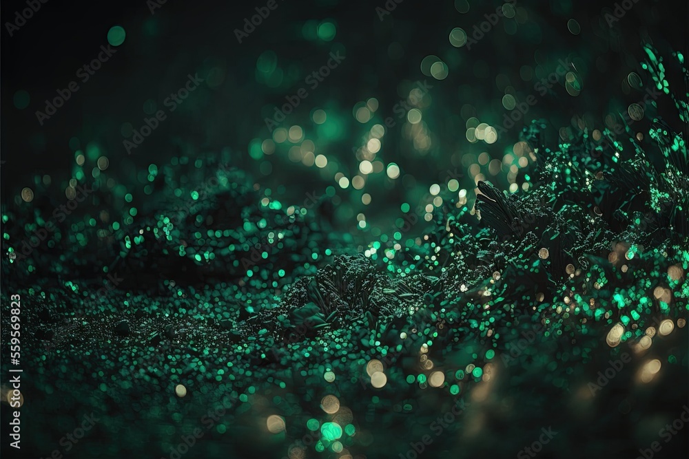 Poster a close up of a green background with small bubbles of water on it and a black background with a gre