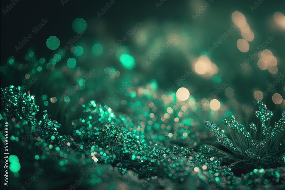 Poster a green background with a bunch of small bubbles on it and a blurry image of a plant in the middle o