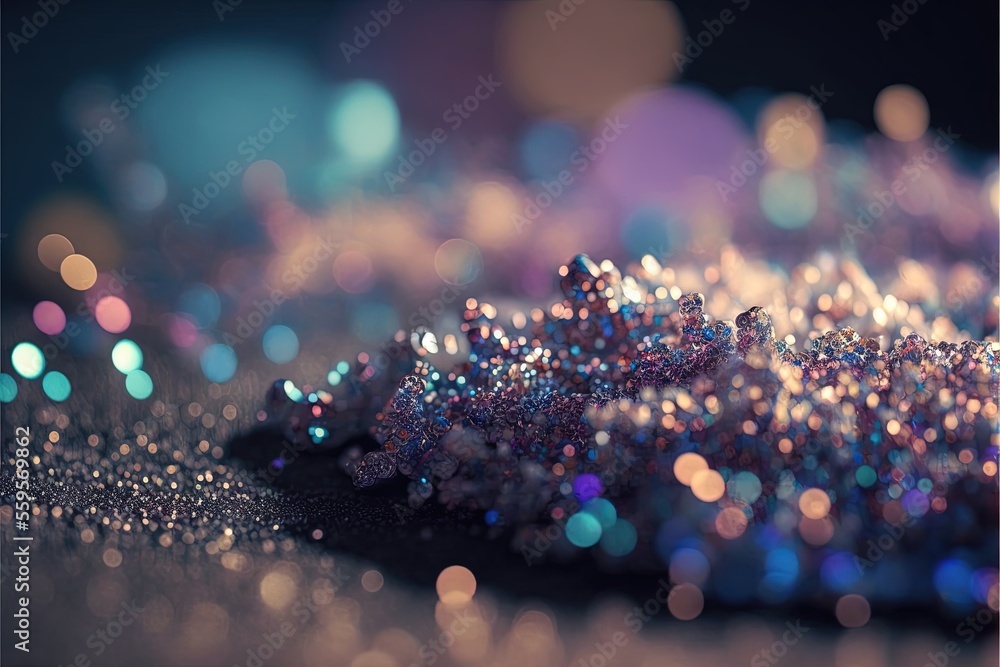 Poster a close up of a pile of glitter on a table top with a blurry background of the glitter on the surfac