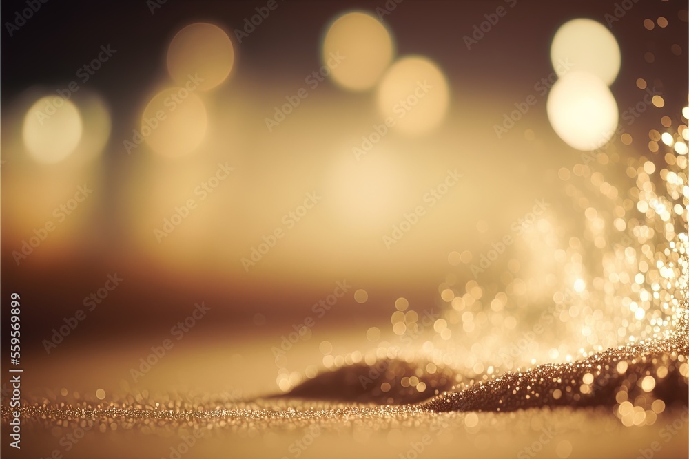 Poster a close up of a gold glittered surface with a blurry background of lights in the background and a bl