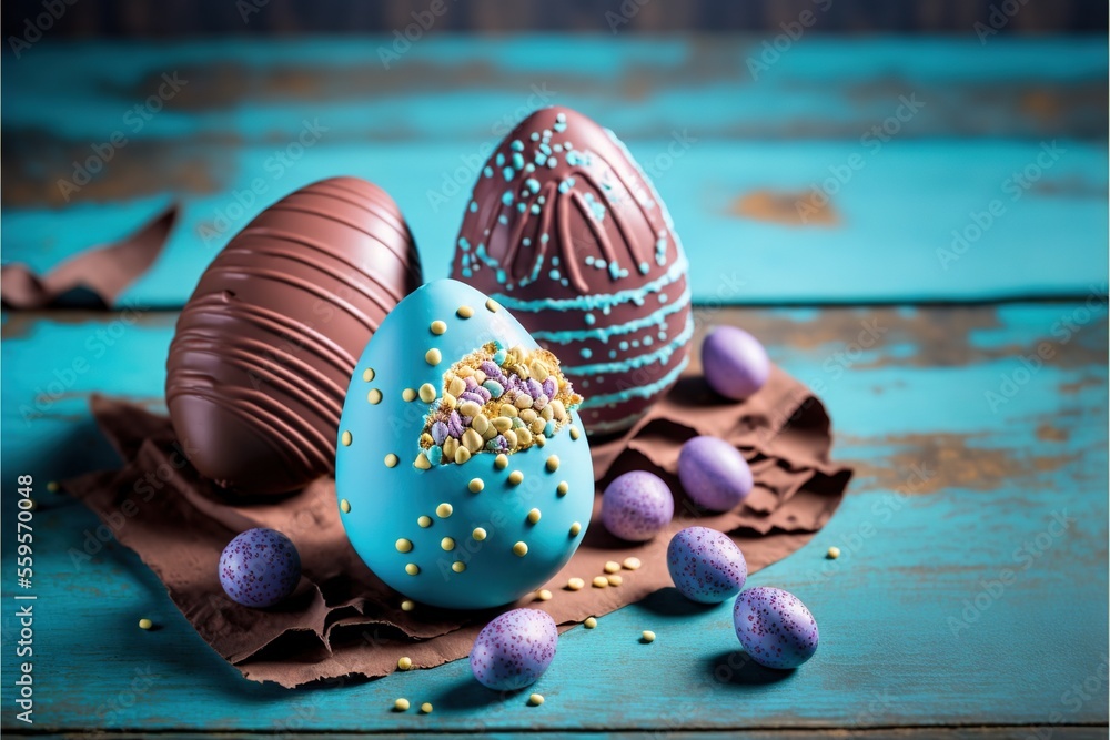 Poster a group of chocolate eggs with sprinkles on a blue tablecloth with chocolate eggs in the background 