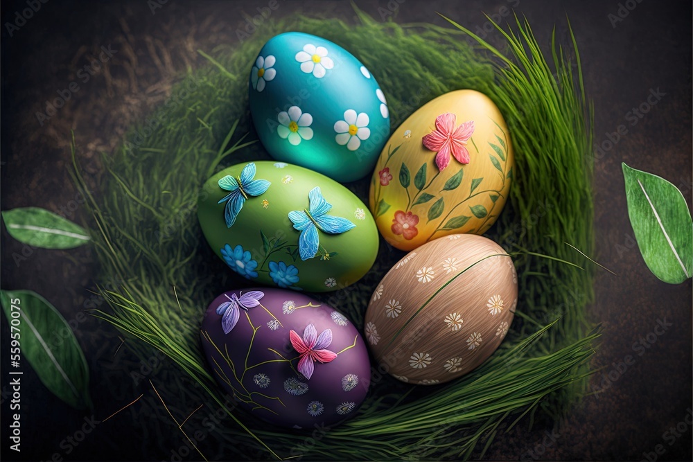 Poster a group of painted eggs sitting in a nest on top of grass with leaves and flowers on them, on a dark