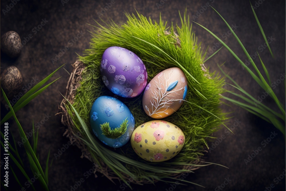 Aufkleber a nest of painted eggs sitting on top of a green grass covered field of grass with eggs in it and a 