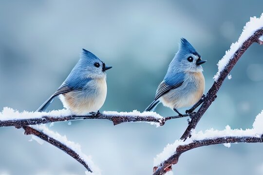 Winter birds, two snowbirds on a branch in the forest, Generative AI