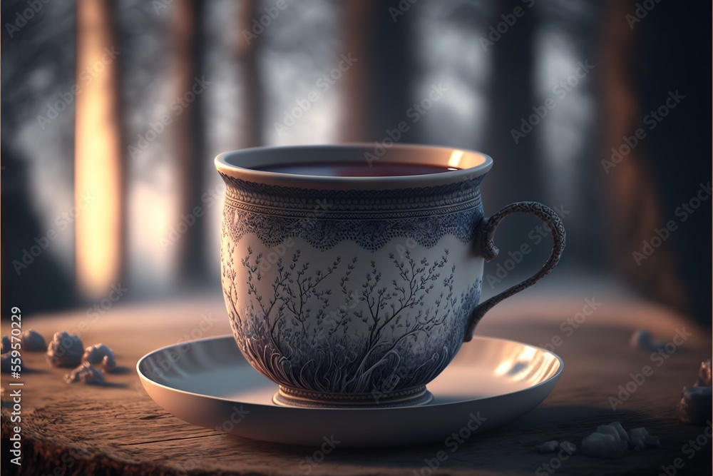 Poster a cup of coffee on a saucer on a table in a forest setting with a spoon and a plate on the table, wi