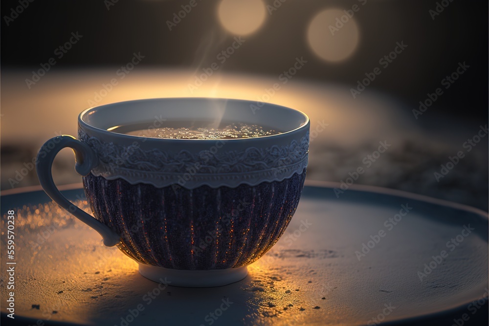 Poster a cup of coffee sitting on top of a plate on a table with a light shining on it and a plate with a c