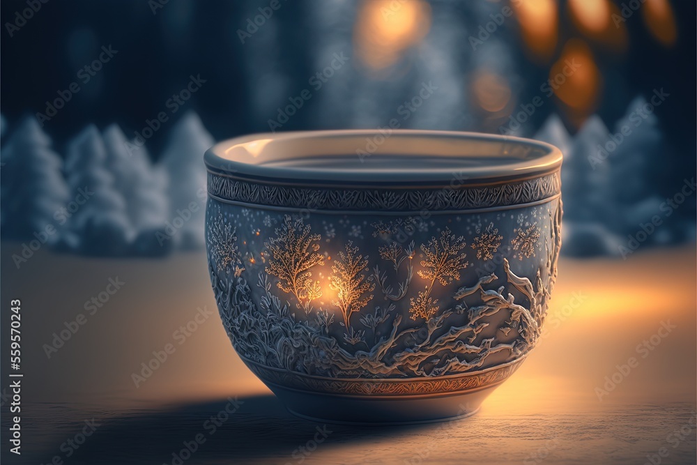 Poster a bowl with a light inside of it on a table next to a forest and trees with lights in the background