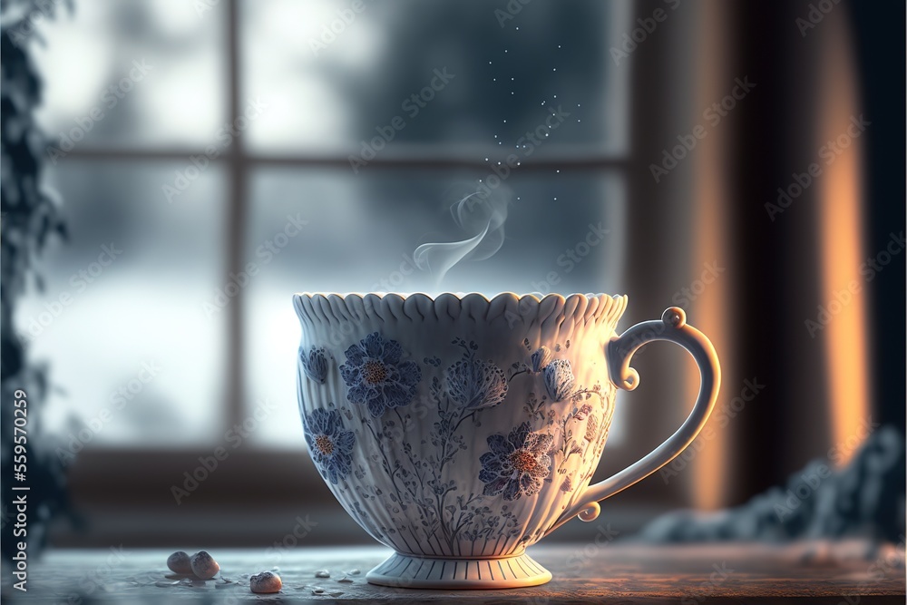 Poster a cup with a steaming liquid in it on a table next to a window with a snowy scene outside of it and 