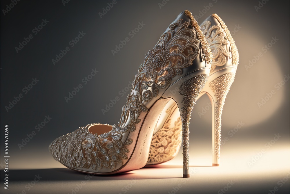 Poster a pair of high heeled shoes with a lace design on the side of the shoe is shown in a studio setting 