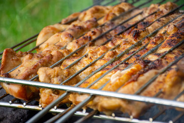 Pork or veal meat located on an iron grate. Cooking takes place at the expense of hot coals in the grill. Photo for use in advertising or other activities.