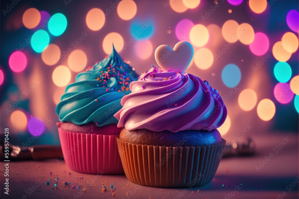 Poster two cupcakes with frosting and sprinkles on a table with a blurry background of lights and boke - li