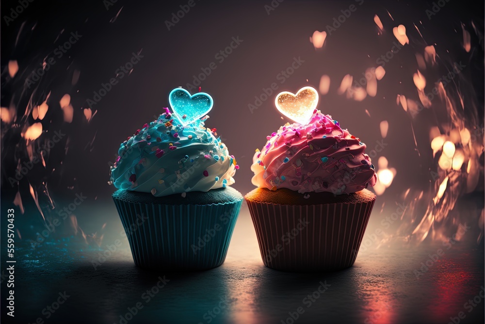 Poster two cupcakes with frosting and hearts on top of them, one with a heart on top of it and the other wi