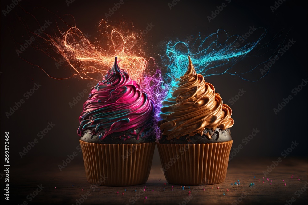 Poster two cupcakes with colorful frosting and sprinkles on them on a table with a black background and a b
