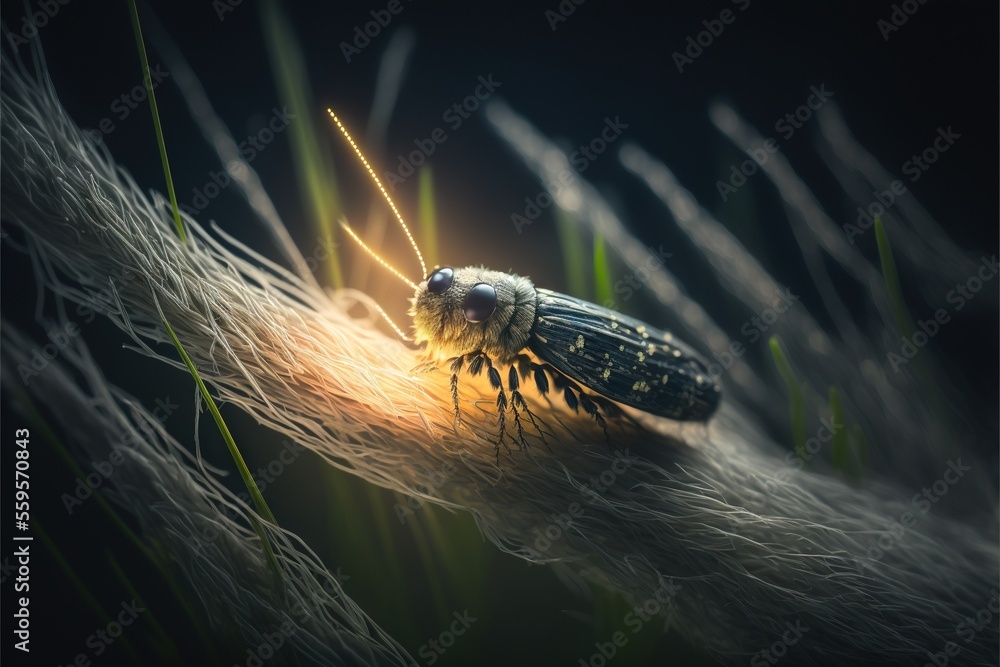 Poster a bug that is sitting on some grass and grass blades in the dark night time, with a light shining on