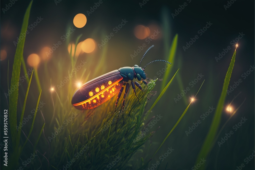 Poster a bug sitting on top of a lush green field of grass with bright lights behind it and a black backgro