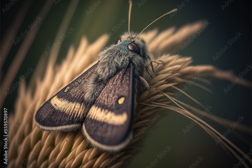 Poster a moth is sitting on a stalk of wheat in the sun light of the day, with a black background and a gre