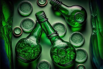 a group of green bottles with green bubbles in them and a green bottle with a green cap and a green glass bottle with a green liquid inside and a green background with bubbles and a.